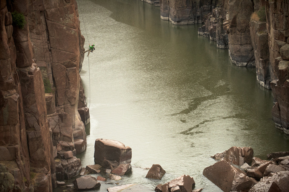 Rappelling to fish Tenkara.