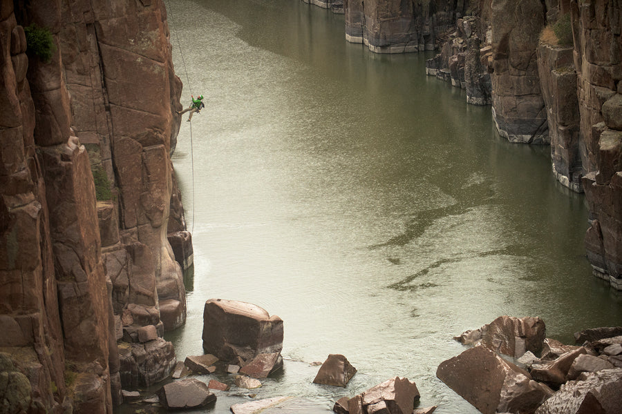 Rappelling to fish Tenkara.