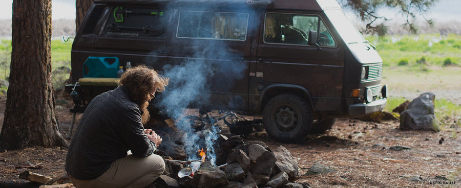Ryan Sellmeyer stokes the flame deep in central Oregon. Photo: Justin Bailie