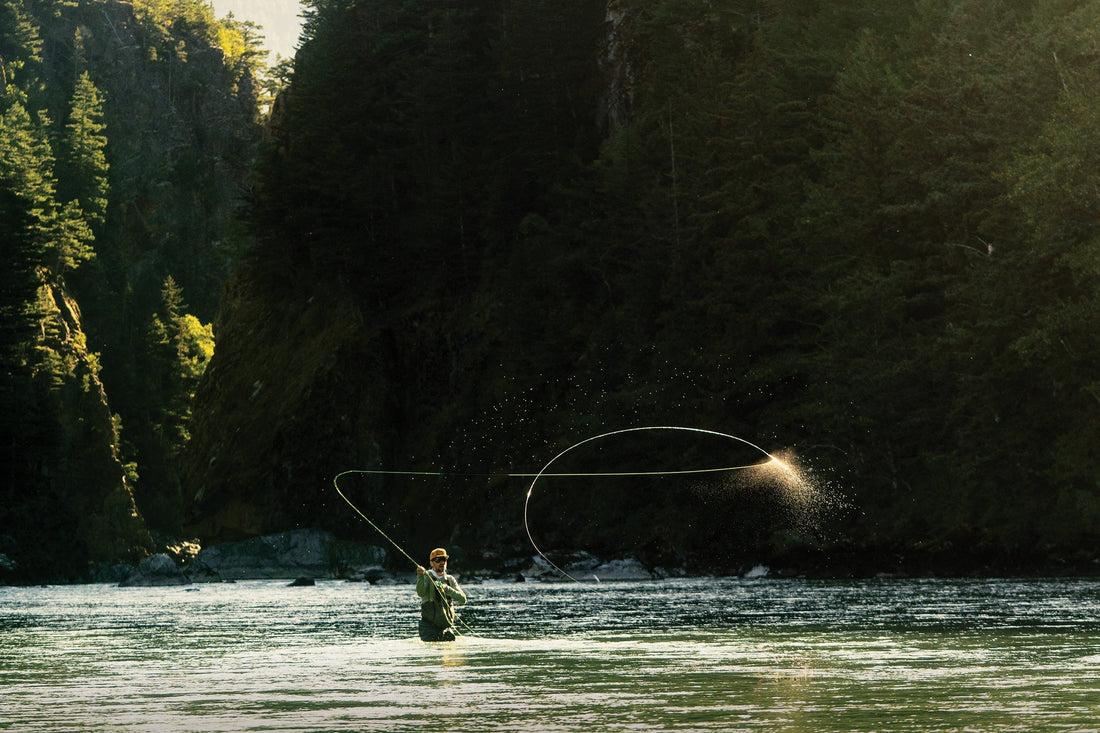 Nicholas Blixt snake rolls his spey cast at the canyon mouth in British Columbia. Photo: Chase White